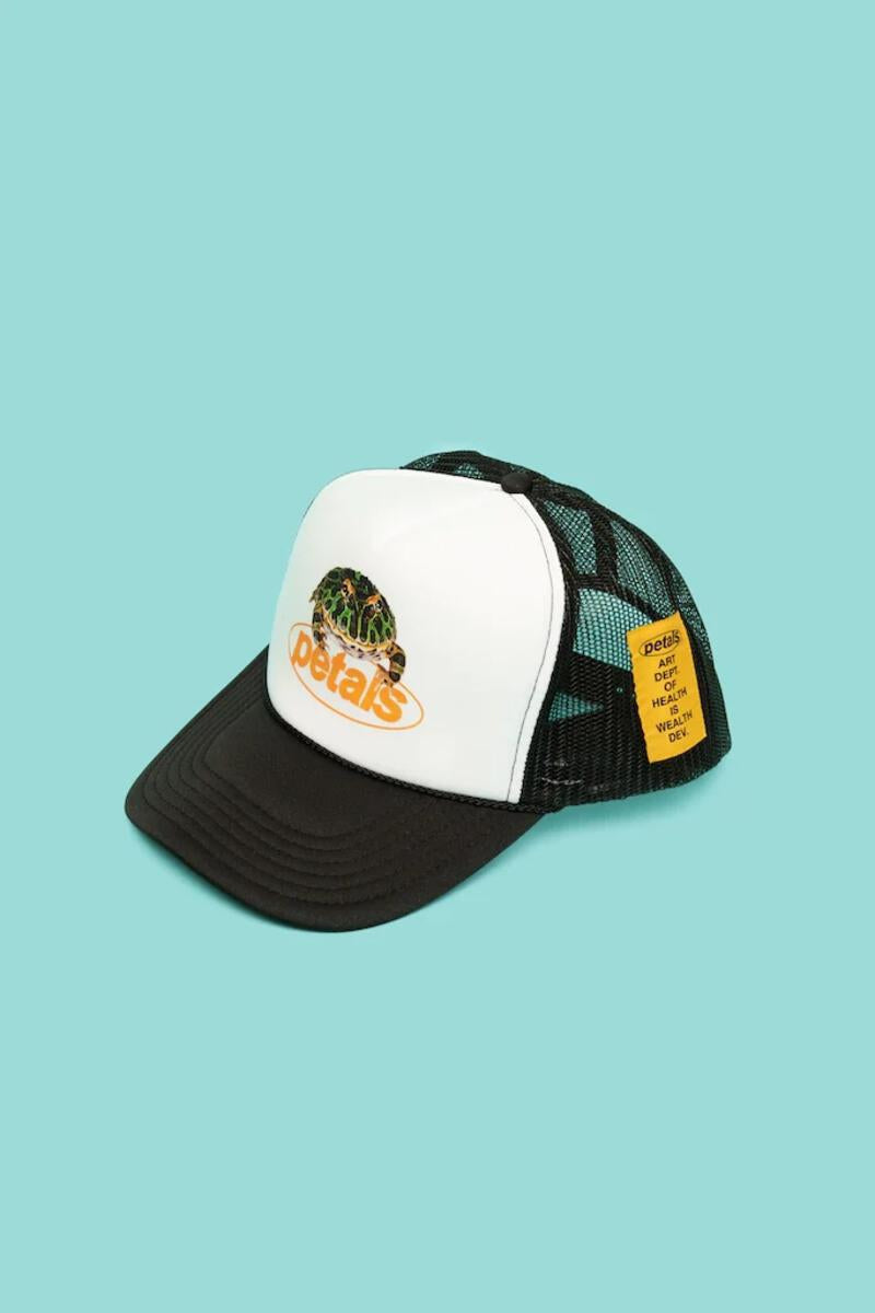 Petals and Peacocks ; kiss the frog trucker hat , blk/wht