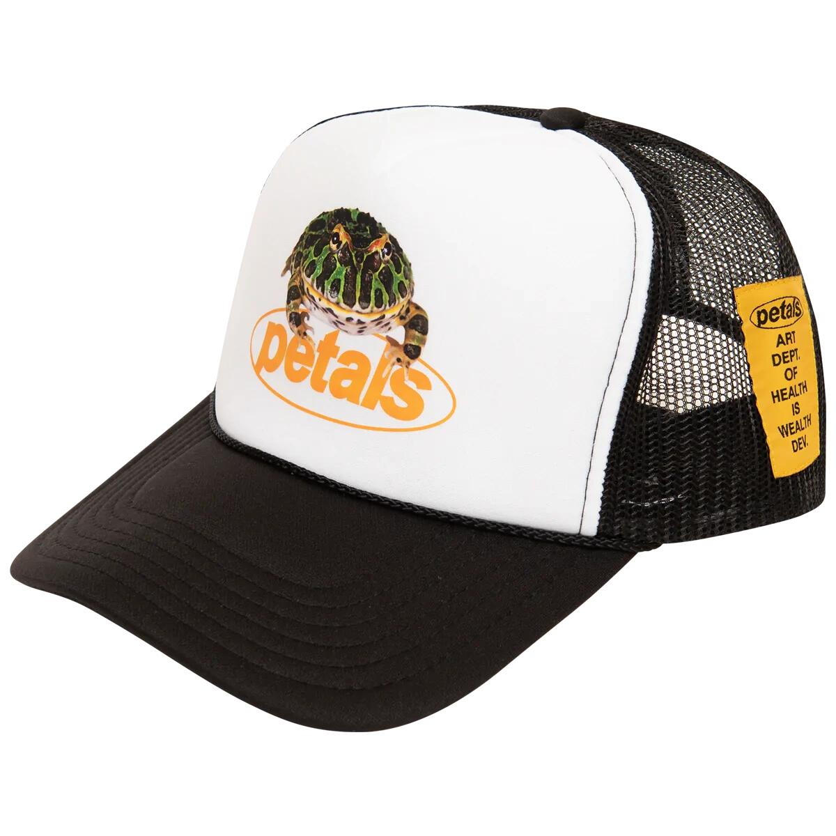 Petals and Peacocks ; kiss the frog trucker hat , blk/wht