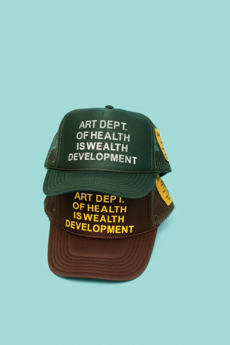 Petals and Peacocks ; Health is Wealth Trucker hat , brown