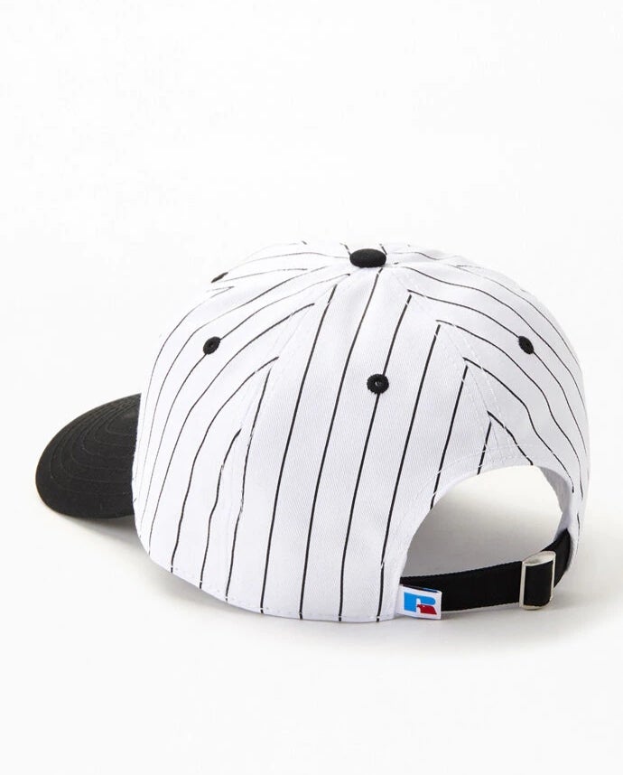 Russell Athletic ; stadium striped dad hat , blk/ offwht