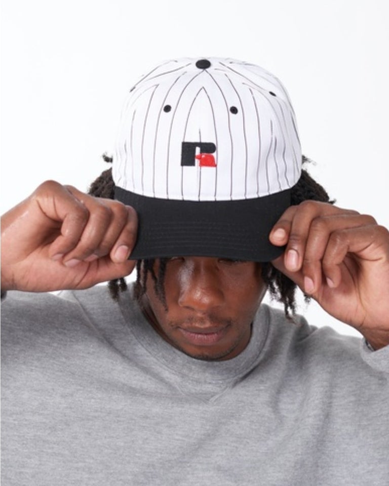 Russell Athletic ; stadium striped dad hat , blk/ offwht