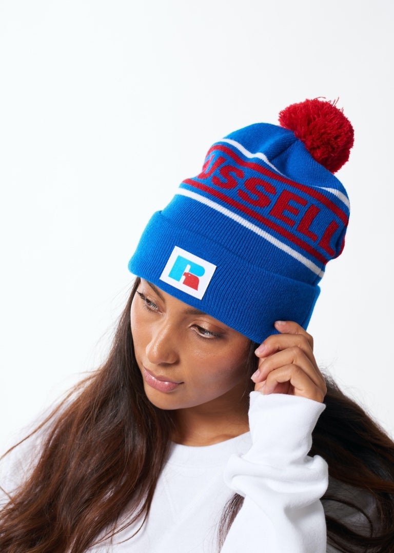 Russell Athletic ; legacy logo pom beanie , blu/red/wht
